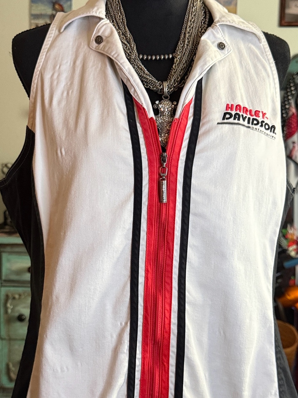 Harley-Davidson White, Red & Black Zip-Front Tank Top